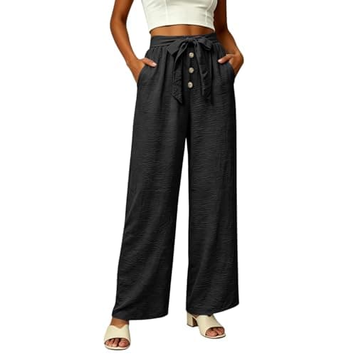 Linen Wide Leg Pants for Women, High Waisted Button Work Casual Flowy Tie Knot Trousers with Pockets, Lightweight Breathable Summer Vacation Beach Office Work Womens Palazzo Pants 2026BlackS - Image 1
