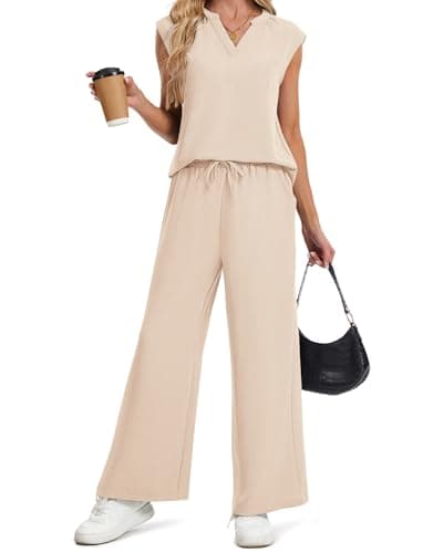 IEEILULU Two Piece Sets for Women V Neck Sleeveless Tank Tops and Wide Leg Pants Sets Vacation Outfits (Apricot, S) - Image 1