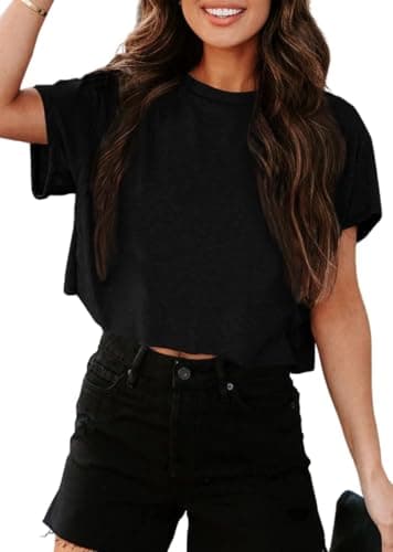 UNCLECAT Women's Cropped T Shirts Trendy Short Sleeve Crew Neck Crop Tops Solid Basic Tee Black - Image 1