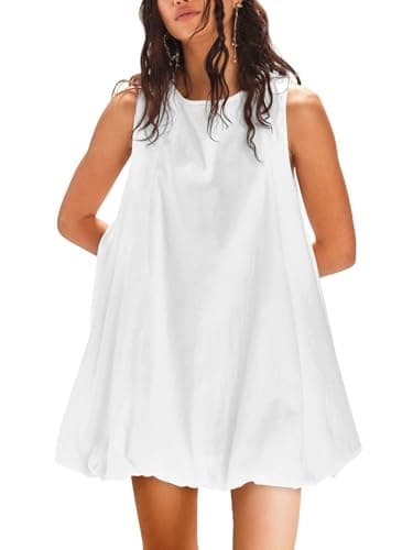 Dresses for Women Summer Casual Linen Mini Dress Sleeveless Crew Neck Bubble Keyhole Tie Back Vacation Sundress with Pockets White - Image 1