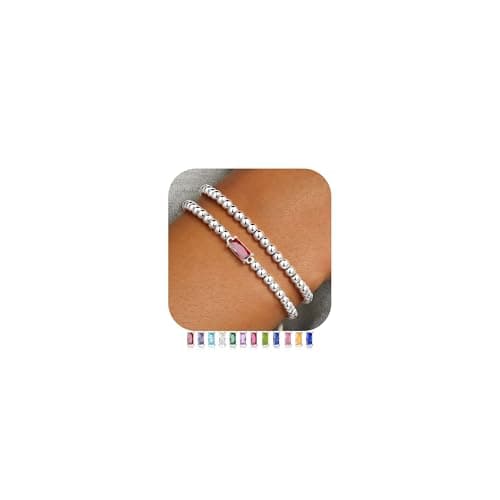 Ursteel Beaded Birthstone Bracelet for Women, Dainty Silver Plated Garnet Red Color Birthstone Bracelet for Women Stretch Beaded Bracelets for Womens January Jewelry Birthday Gifts for Womens - Image 1