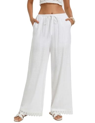 GRACE KARIN Women Linen Palazzo Pants Summer Boho Wide Leg High Waist Casual Pant 2026 Beach Travel Vacation Outfits White L - Image 1