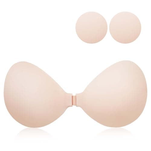 Cbthet Sticky Adhesive Strapless Bra - Push Up Silicone Backless Bra - Invisible No Show for Backless Dresses - Reusable (D Cups) Beige - Image 1