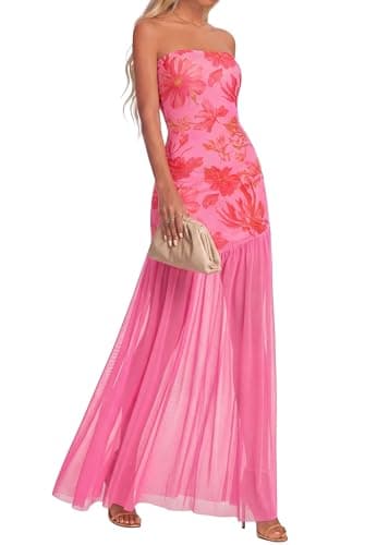 KIRUNDO Wedding Guest Dresses for Women 2026 Summer Strapless Bodycon Floral Maxi Mesh Tulle Hem Cocktail Party Formal Dress(Floral Pink, Medium) - Image 1