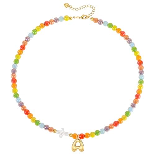 KSF Beaded Initial Necklace for Women,14K Gold Plated Bubble Letter A Cross - Image 1
