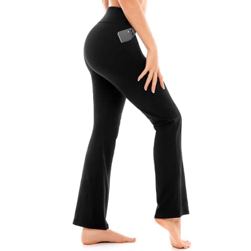 Walifrey Flare Leggings with Pocket for Women,High Waisted Opaque Flare Pants for Yoga Workout Black L - Image 1