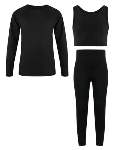 JiAmy Girls Yoga Leggings Girls Athletic Leggings Training Bras Set Kids Gym Crop Tank Top Activewear set for 9-10 Years Black - Image 1