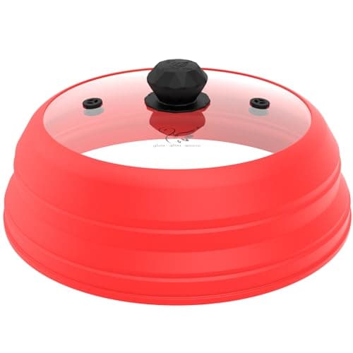 Microwave Splatter Cover Vented Glass Splatter Guard Lid with Collapsible Silicone for Food as Pot Cover 11.8 inch Large Plate for 6 7 8 9 10 11 inch Plate Bowl Red - Image 1