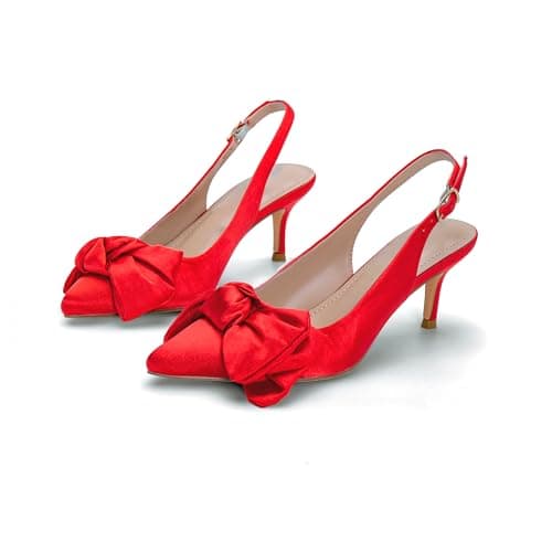 Red Heels Slingback Kitten Heels with Bows Stilettos 2 Inch High Heel Pumps Pointed Toe Pump with Bownot Dress Shoes Silk Satin Elegant Size 7 - Image 1