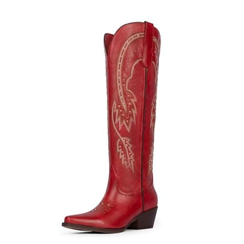 QIY Red Cowboy Boots for Women Embroidered Rhinestone Pointed Toe Slip on Cow Girl Classic Block Heel Nashville Knee High Western Cowgirl Boots Size 7 - Image 1