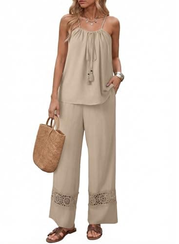 Dokotoo Beige Tank Top and Pants Set for Women Loose Fit Casual Lounge Wear Spaghetti Strap Boho Tops Going Out Resort Wear with Pockets Large - Image 1