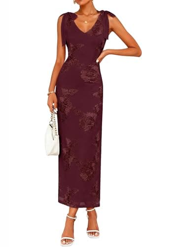 Lazysmile Womens Floral Embroidered Maxi Dress Sleeveless V Neck Tie Strap Ribbon Flower Mesh Party Cocktail Dresses - Image 1