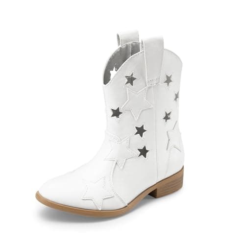 DREAM PAIRS Girls Cowgirl Boots Cowboy Western Mid Calf Star Boots for Kids,Size 1 Little Kid,White-Holes,SDBO2405K - Image 1