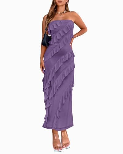 BTFBM Women Summer Elegant Strapless Midi Ruched Bodycon Dress Solid Color Stretch Mesh Slim Party Cocktail Dresses - Image 1