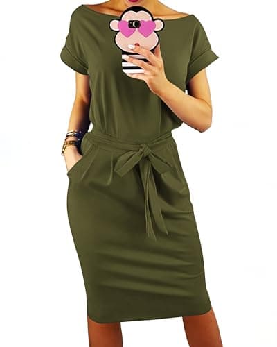 PRETTYGARDEN Women's Summer Short Sleeve Crewneck Striped Dress Basic Solid Tie Waist Office T Shirt Dresses Pockets(Army Green,X-Large) - Image 1