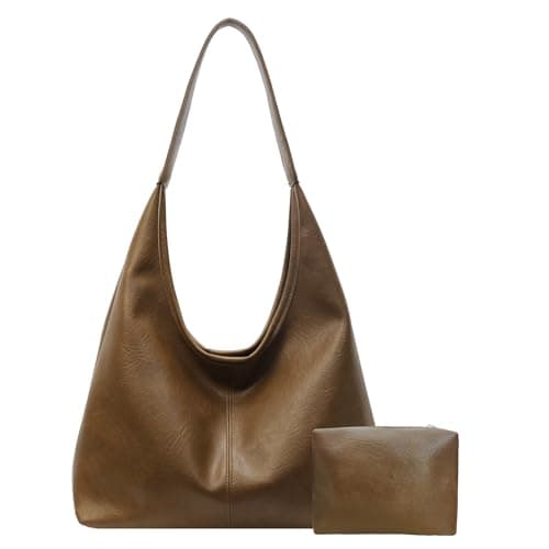 JueiXeoy Leather Hobo Bags for Women Slouchy Tote Bag Retro PU Leather Purse Soft Shoulder Handbags Large Work Tote Bag 2pcs Khaki - Image 1