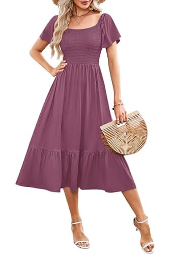 AUSELILY Women's Summer Empire Waist Dress Smocked Flutter Short Sleeve Square Neck Midi Dresses 2026 New Mauve Small - Image 1