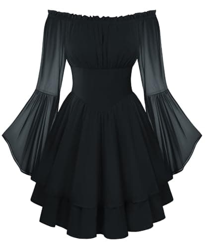 Scarlet Darkness Women Corset Dress Off Shoulder Bell Sleeve Ruffled Fairy Mini Dress Black M - Image 1