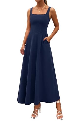 PRETTYGARDEN Womens Summer Dresses 2026 Sleeveless Elegant Square Neck Aline Swing Maxi Beach Wedding Guest Dress Pockets (Navy,Small) - Image 1