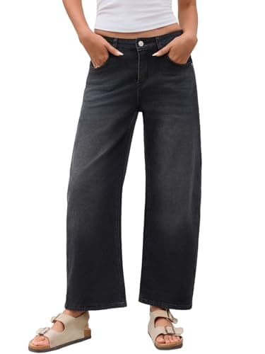 PEIHOT Mid Rised Barrel Jeans for Women Trendy Boyfriend Stretch Wide Leg Cropped Denim Pants with Pockets Black - Image 1