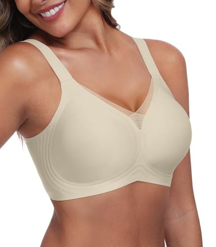 Kinnette Women's Wireless Bras Full Coverage V Mesh Padded Bralette No Underwire Seamless Comfortable Everyday Bra (Creamy Beige, M) - Image 1