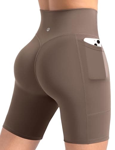 ENERBLOOM Workout Biker Shorts Womens with Pockets High Waist Yoga Gym Running Volleyball Athletic Shorts 8" Coffee X-Large - Image 1