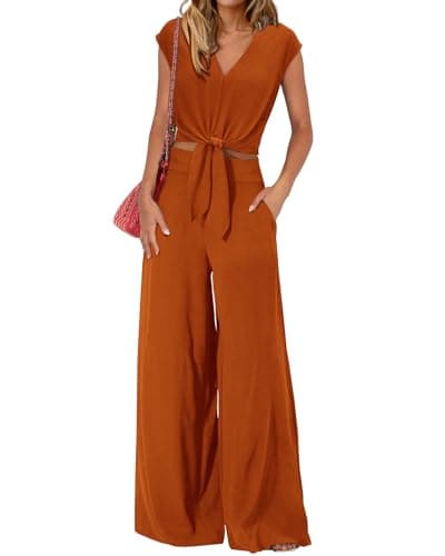 PRETTYGARDEN Women's Summer 2 Piece Outfits 2026 Cap Sleeve V Neck Belted Crop Tops Wide Leg Pant Sets Casual Tracksuit(Solid Brown Orange,X-Large) - Image 1