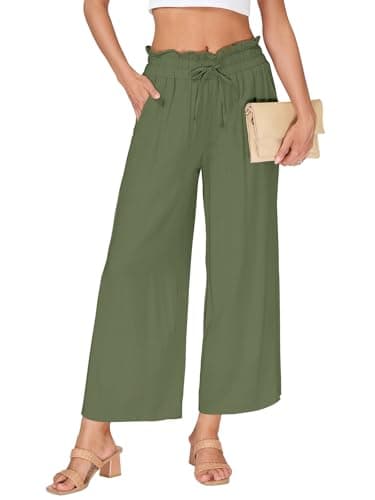 VUTRU Women Pants Wide Leg Casual Summer High Waisted Elastic Flowy Loose Travel Lounge Straight Trousers with Pockets, Army Green L - Image 1