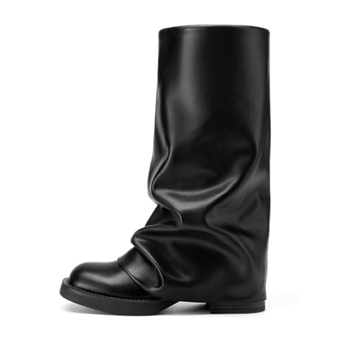 Athlefit Slouchy Mid Calf Boots for Women Black Fold Over Platform Square Toe Dress Pull On Wide Calf Boots for Party Concerts Size 6.5 - Image 1