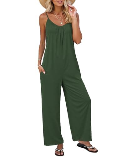 LILBETTER Vacation Jumpsuits for Women Summer Casual Sleeveless Rompers Wide Leg Boho One Piece Outfits with Pockets Beach Clothes(Army Green Large) - Image 1