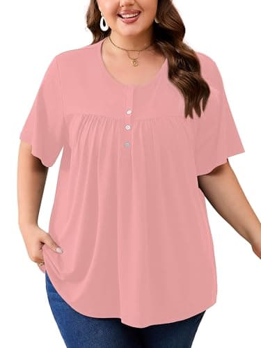 AusLook Plus Size Tunic Tops for Women Pleated Babydoll Blouse Short Sleeve Round Neck Loose Fit Casual Flowy Pink 3X Tunic Shirts Summer Tops to Wear with Leggings - Image 1