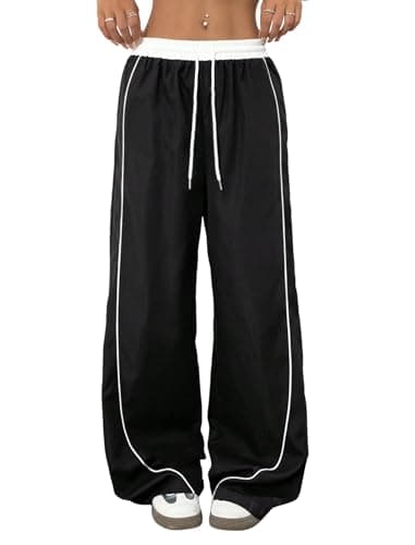 ZAFUL Womens Parachute Pants Y2K Wide Leg Cargo Sweatpants Drawstring Waist Jogger Pants with Pockets Black XXL - Image 1