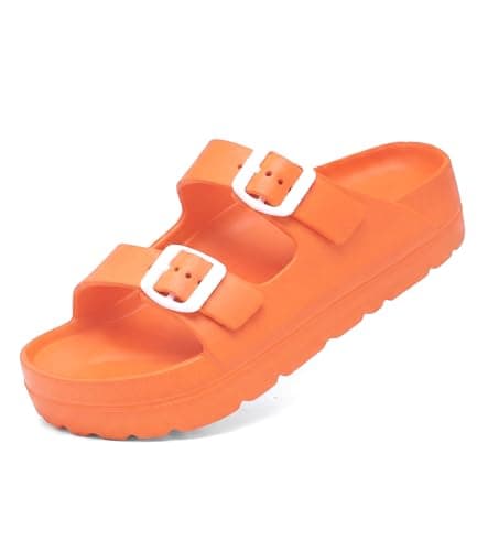 Haifago Womens Orange Sandals with Arch Support, Comfort Platform Slides Double Buckle Adjustable EVA Flat Sandal - Image 1