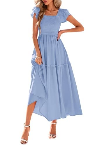 KIRUNDO Smocked Summer Dresses for Women 2026 Wedding Guest Midi Flowy Ruffle Short Sleeve Square Neck Tiered Sundress(Baby Blue, XX-Large) - Image 1