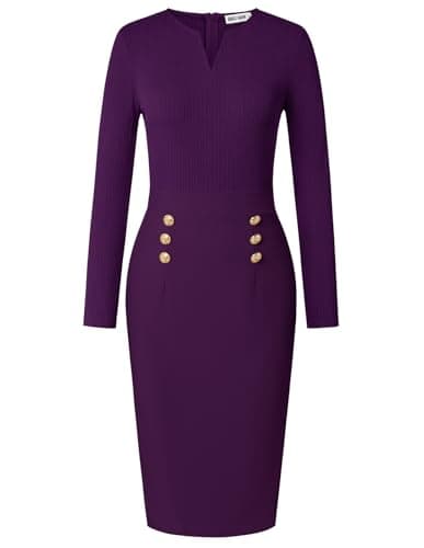 GRACE KARIN Women's 2026 Fall Henly V Neck Business Work Dress Long Sleeve Bodycon Midi Elegant Office Sheath Dress Dark Purple X-Large - Image 1