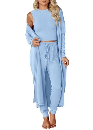 KIRUNDO 3 Piece Lounge Sets for Women Airport Travel Vacation Outfits 2026 Fall Cardigan Matching Sleeveless Top Jogger Pants(Light Blue, XX-Large) - Image 1