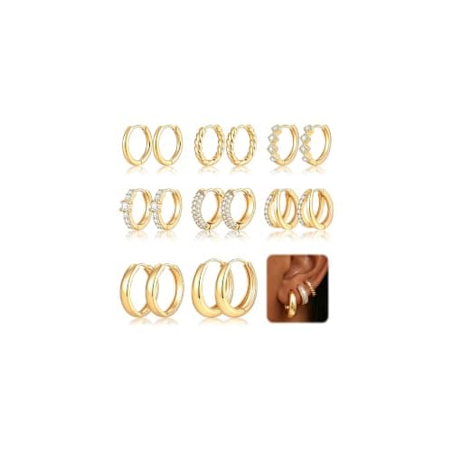 8 Pairs Gold Hoop Earrings Set for Women, 14K Gold Plated CZ Cartilage Earring for Multiple Piercing, Lightweight Hypoallergenic Small Hoop Stackable Jewelry Gift - Image 1