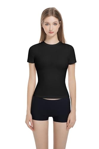 Women’s Slim Fitted Crew Neck T-Shirt Stretchy Cotton Y2K Short Sleeve Tees for Workout Basic Tees Going Out Tops Black - Image 1