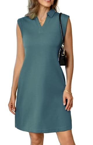 BEXIBOOM Polo Dresses for Women Casual Shirt Dress, V Neck Collared Cap Sleeve Summer Dress with Pockets, Loose Fit Knee Length Work DressBlue Gray-3XL
