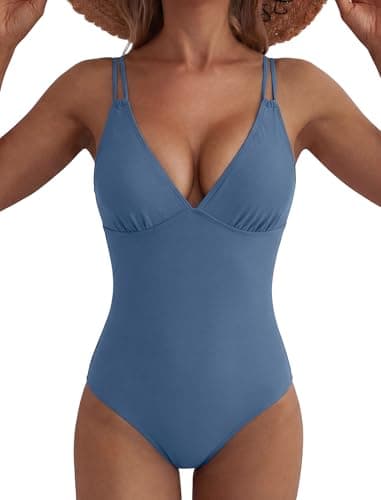 ZAFUL Bathing Suit for Women Modest Tummy Control One Piece Swimsuits Sexy Push Up Monokini Swim Suit 2026 Deep V Neck Slimming High Cut Full Coverage Long Torso Swimwear Tie Back Beach Wear Blue XL - Image 1