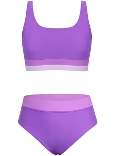 Alakuoti Girls Swimsuit Color Block Adjustable Straps Bikini Sets Teen Girl Two Piece Bathing Suits with Chest Pad Size 12 Purple - Image 1