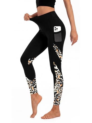 PEFYERVERY Women's High Waisted Yoga Leggings - Leopard Block Print Phone Pockets Tummy Control Workout Casual Pants Yellow M - Image 1