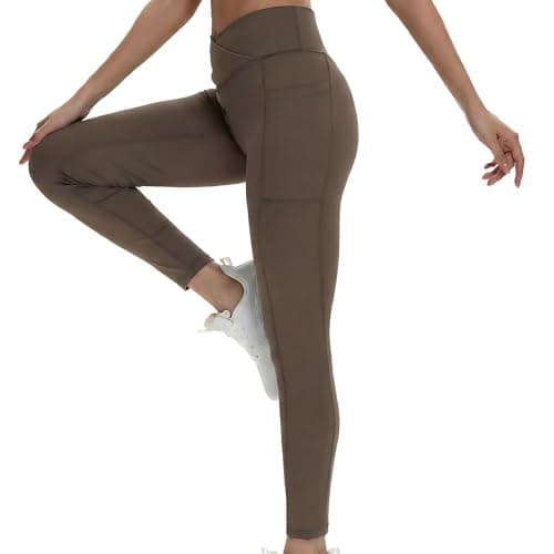VIPARK Women V-Cross Waist Leggings – High Waist Tummy Control Butt Lifting Yoga Pants with Pockets, Seamless Front, Stretchy 7/8 Compression Workout Tights for Gym & Running Brown - Image 1