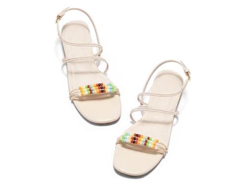 Coutgo Womens Strappy Flat Sandals Open Toe Lace Up Beaded Gladiator Flats Ankle Strap Summer Beach Shoes, Beige, Size 9.5 - Image 1