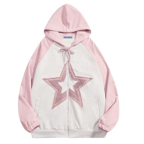 Aelfric Eden Suede Star Patchwork Full Zip Up Hoodie Oversized Graphic Hoodies Y2K Hooded Casual Sweatshirts Jackets Pink