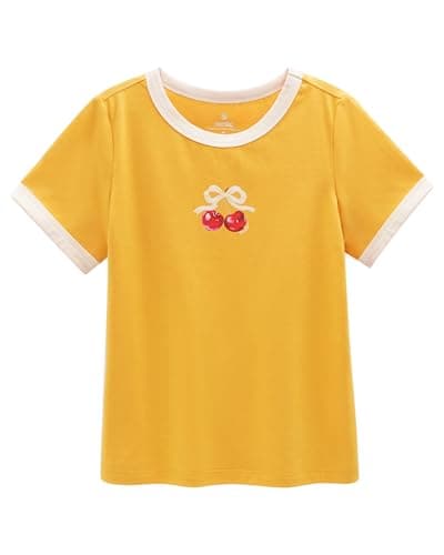 Stelle Girls Graphic Tees Short Sleeve Girls Shirts Cute Tops Crew Neck Casual Basic Summer T-Shirt for Kids Teen 6-7 Years(Cherry|Yellow,S) - Image 1