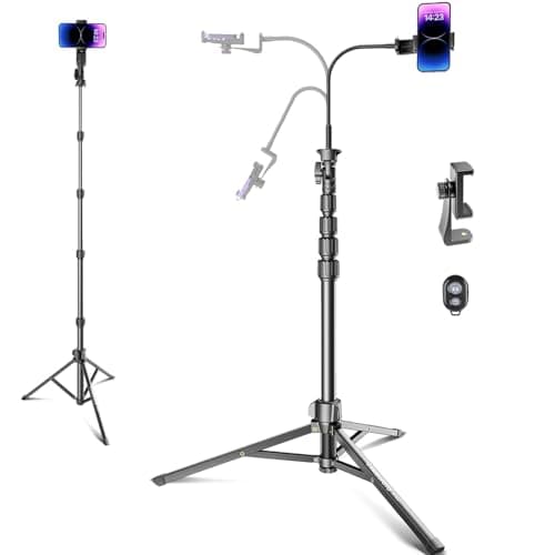 CAMBOFOTO 82" Phone Tripod Stand with Gooseneck, Remote and Phone Holder, Selfie Stick & Overhead Tripod for Recording/Cooking/Fitness/Vlog, Compatible with iPhone Android Samsung, Camera - Image 1