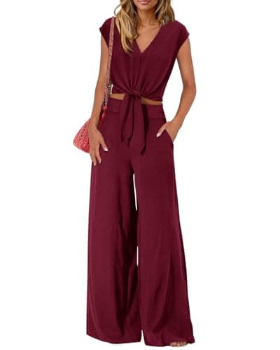 PRETTYGARDEN Women's Summer 2 Piece Outfits 2026 Cap Sleeve V Neck Belted Crop Tops Wide Leg Pant Sets Casual Tracksuit(Solid Dark Wine Red,XX-Large) - Image 1