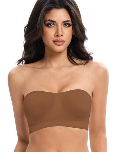 Lusait Strapless Bras for Women Non-Slip Seamless Padded Bandeau Bra Wireless Convertible Tube Top Bralette Brown L - Image 1