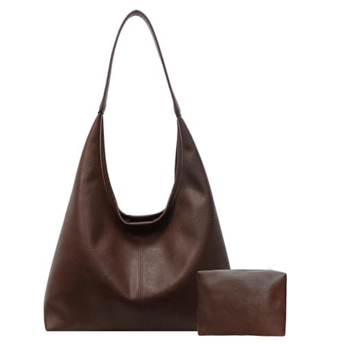 JueiXeoy Slouchy Hobo Bags for Women Tote Bag Soft Vegan Leather Shoulder Purses Handbags Retro Hobo Purse Travel Work Tote Bag 2pcs Coffee - Image 1